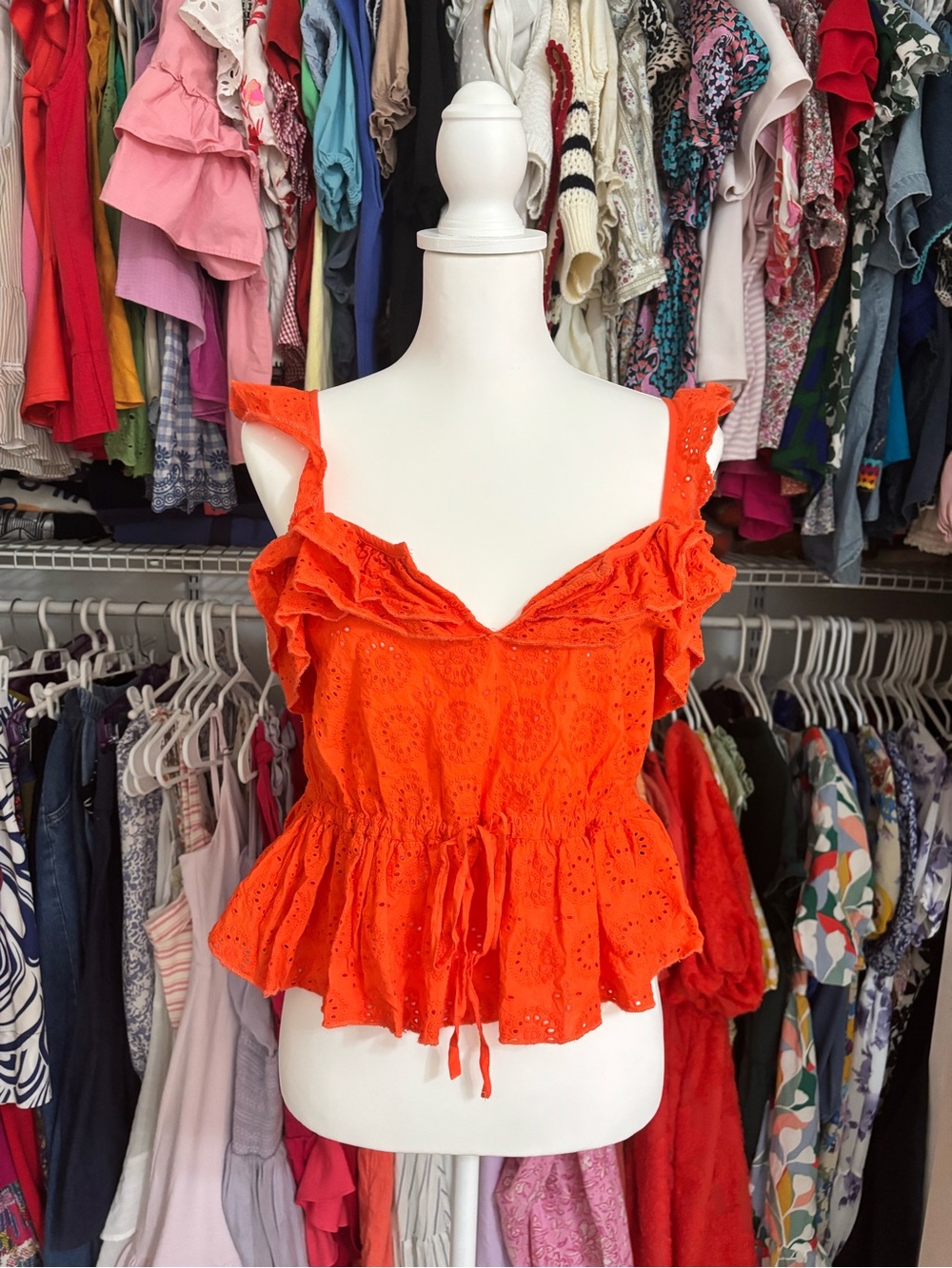 GUESS Bright Orange Ruffled Eyelet Peplum Tank Top